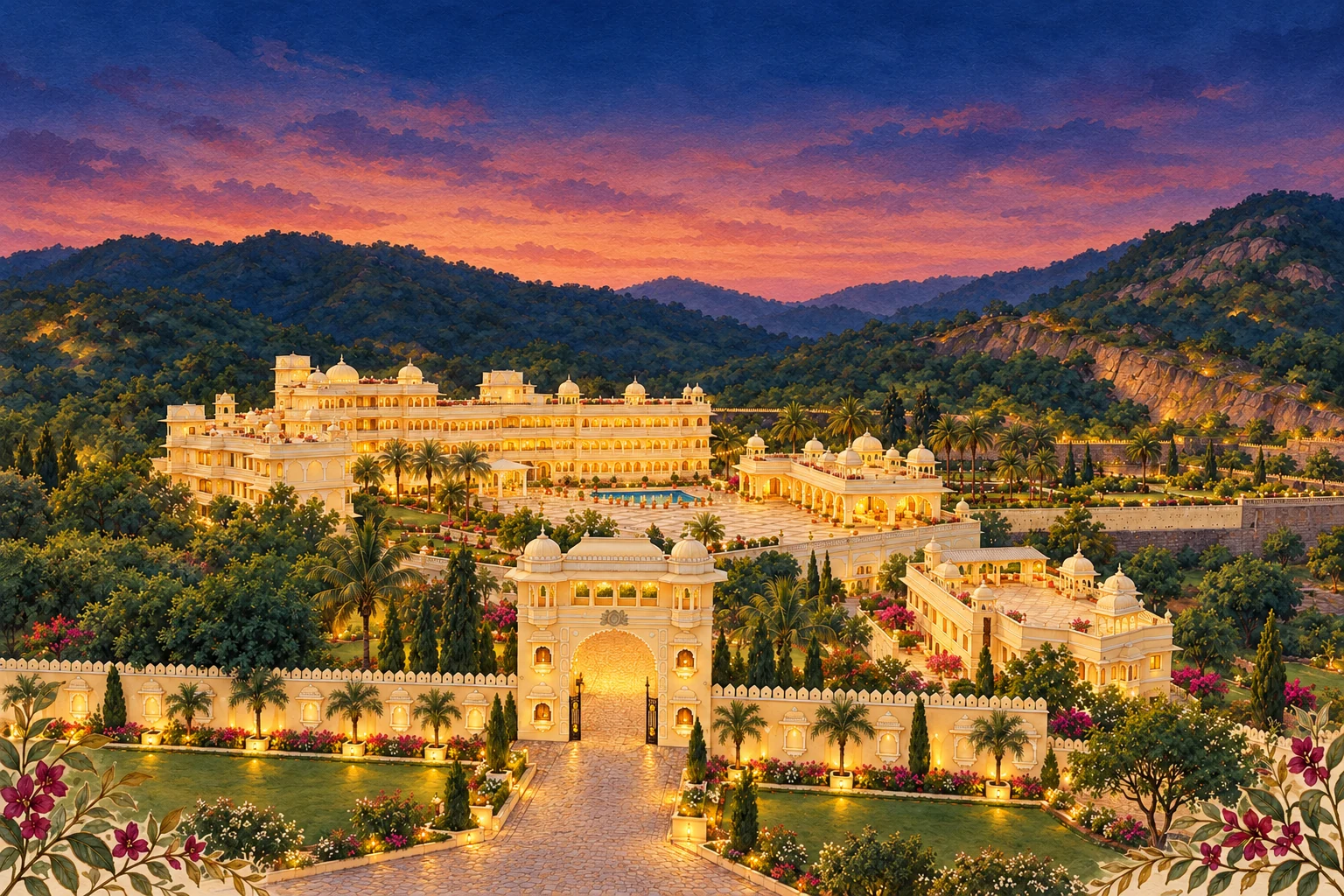 Twilight watercolour illustration inspired by Labh Garh Palace’s architecture, gardens, and hill setting