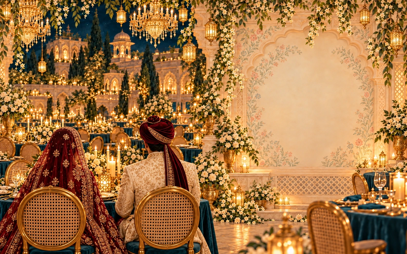 Tanya and Pranav seen from behind at a candlelit palace banquet with crystal and elegant table settings