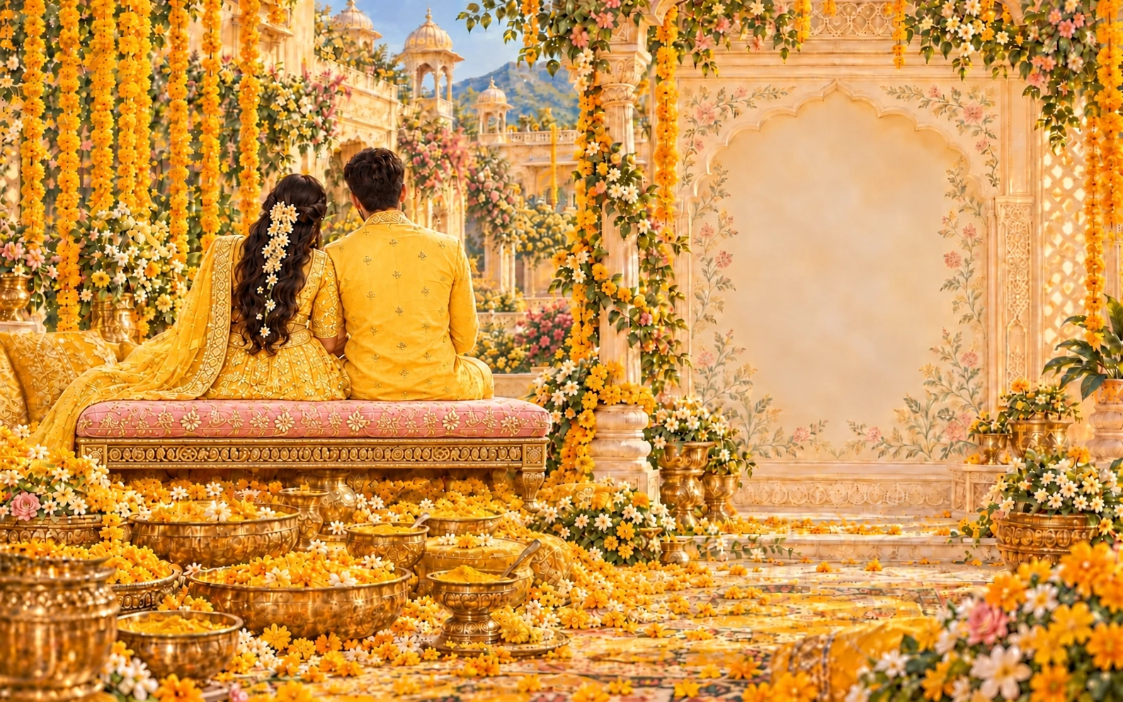 Tanya and Pranav in yellow festive outfits, seated from behind on one continuous carved bench in a marigold courtyard; Pranav wears a yellow kurta without a dupatta