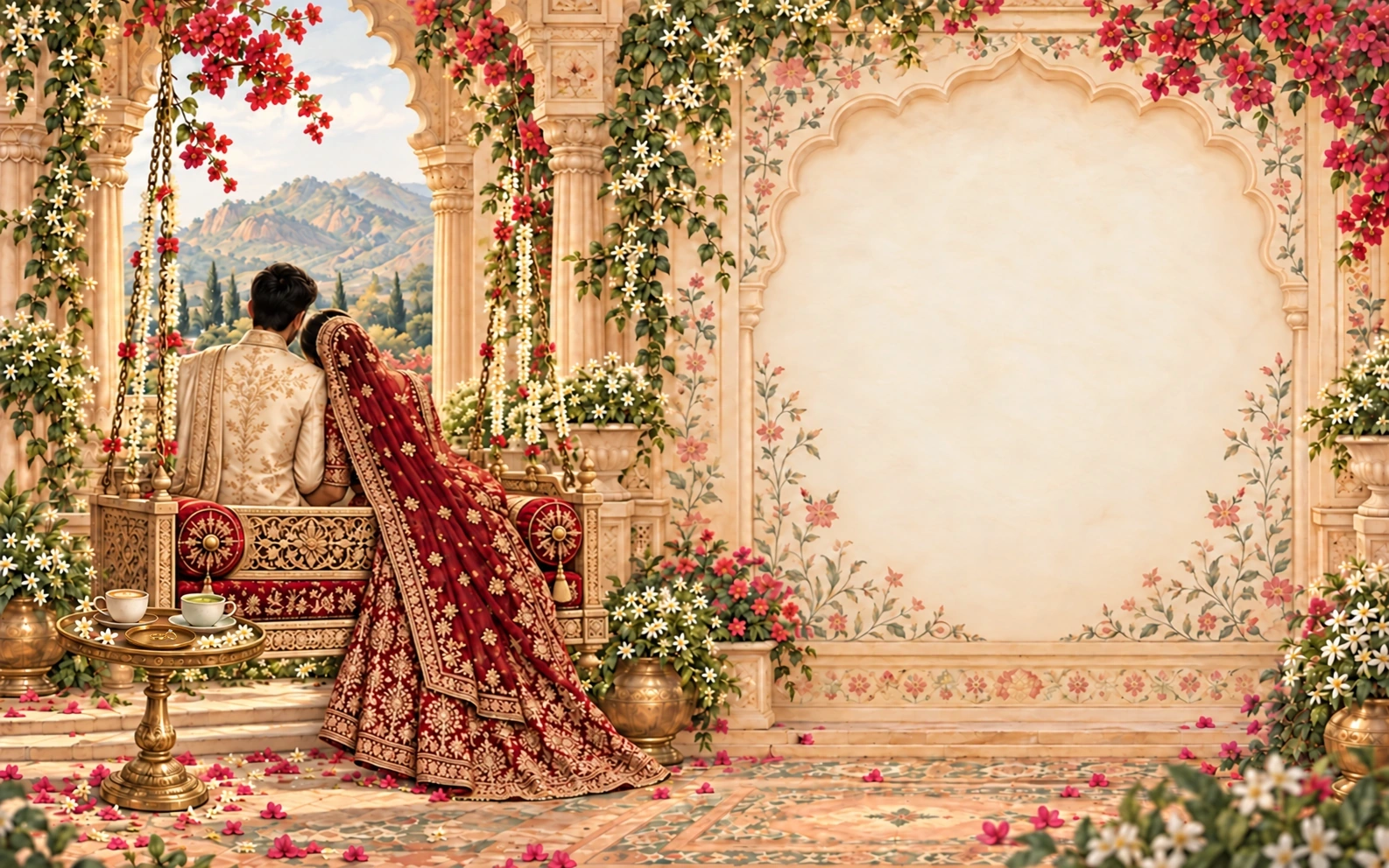 Pranav and Tanya seen from behind together on a palace garden swing, framed by jasmine, Rajasthan stonework, coffee and matcha