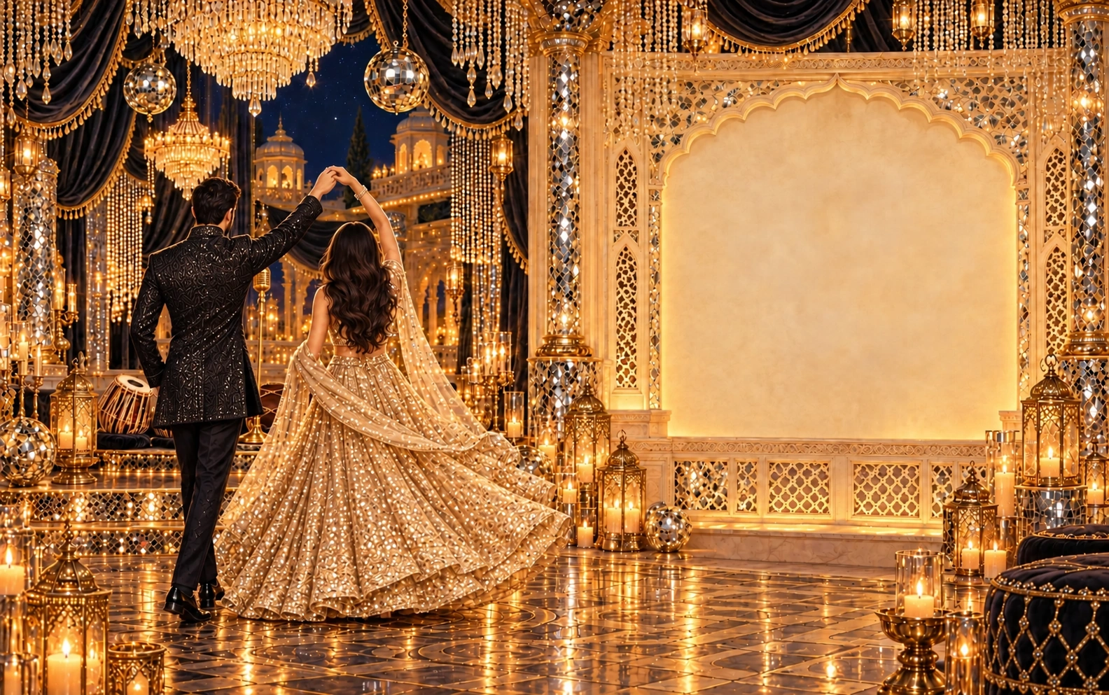 Tanya in a shimmering gown-style lehenga and Pranav in a very dark shimmery Indo-Western outfit, dancing from a rear view amid crystal chandeliers and gold mirrorwork